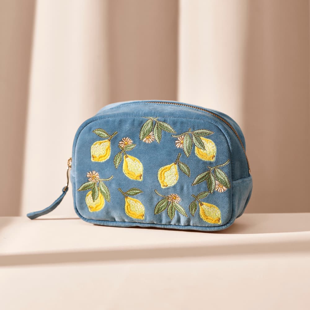 The Embroidered Lemons Makeup Bag by Elizabeth Scarlett